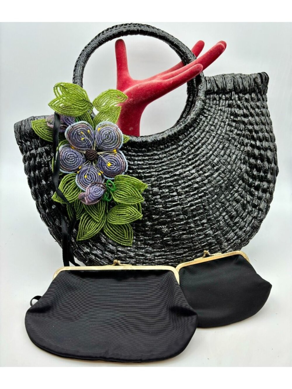 1950s Japanese Black Raffia Hand Bag-Beaded Flower-Satin Clutches